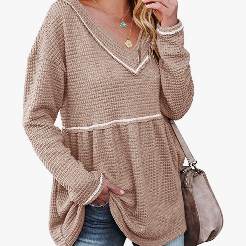 Foshow Women's Waffle Top loose long sleeve sweater